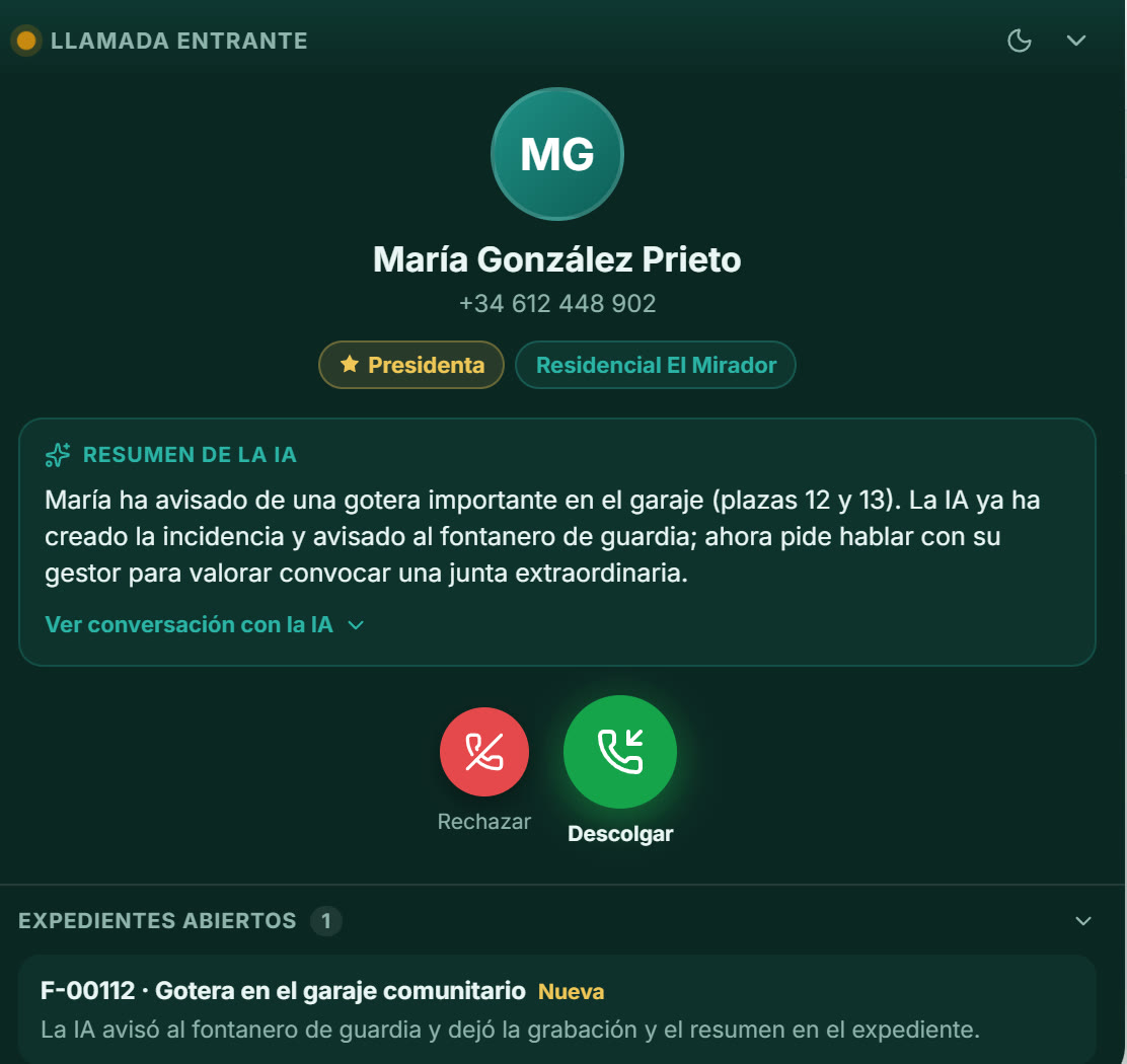 Llamada entrante en Finkea: ficha de la vecina, resumen de la IA y el expediente creado automáticamente